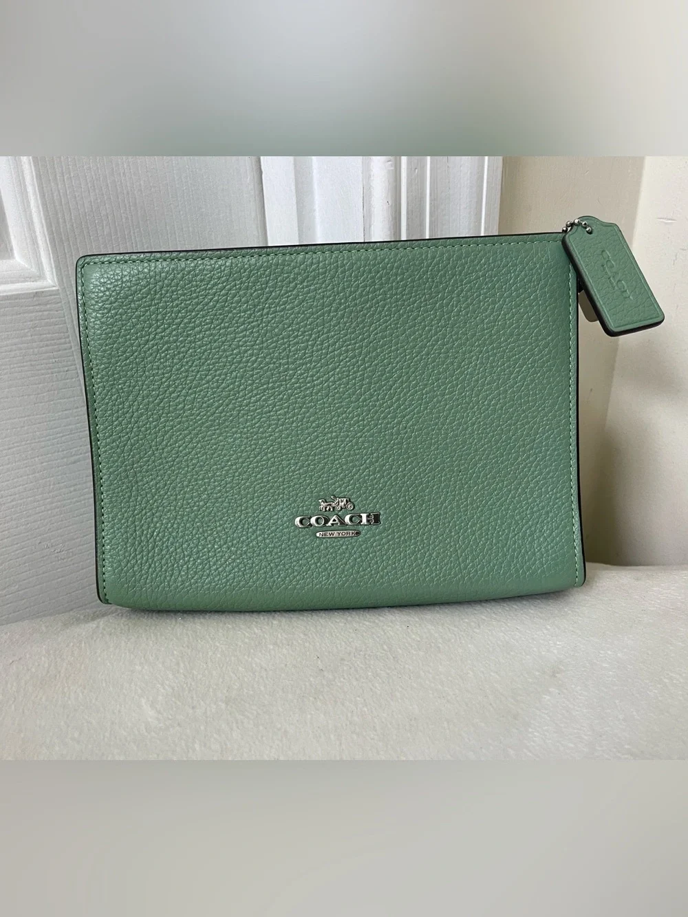 Coach Mint Green Pebbled Leather Wristlet Clutch